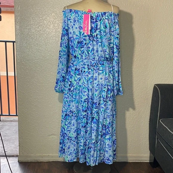 Lilly Pulitzer Blue and Green Off-Shoulder Dress - Picture 11 of 12